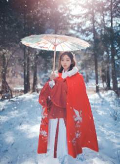 雪地里悠闲漫步的红色古装美女森系唯美个性写真集