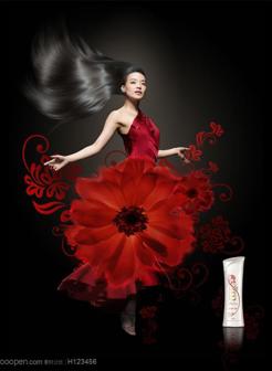 夏士莲舒淇代言红色连衣裙红色花朵