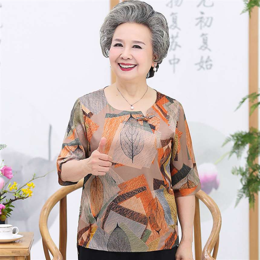 恒源祥同款奶奶套装女人雪纺短袖60岁老太太上衣服两件套老人中老年