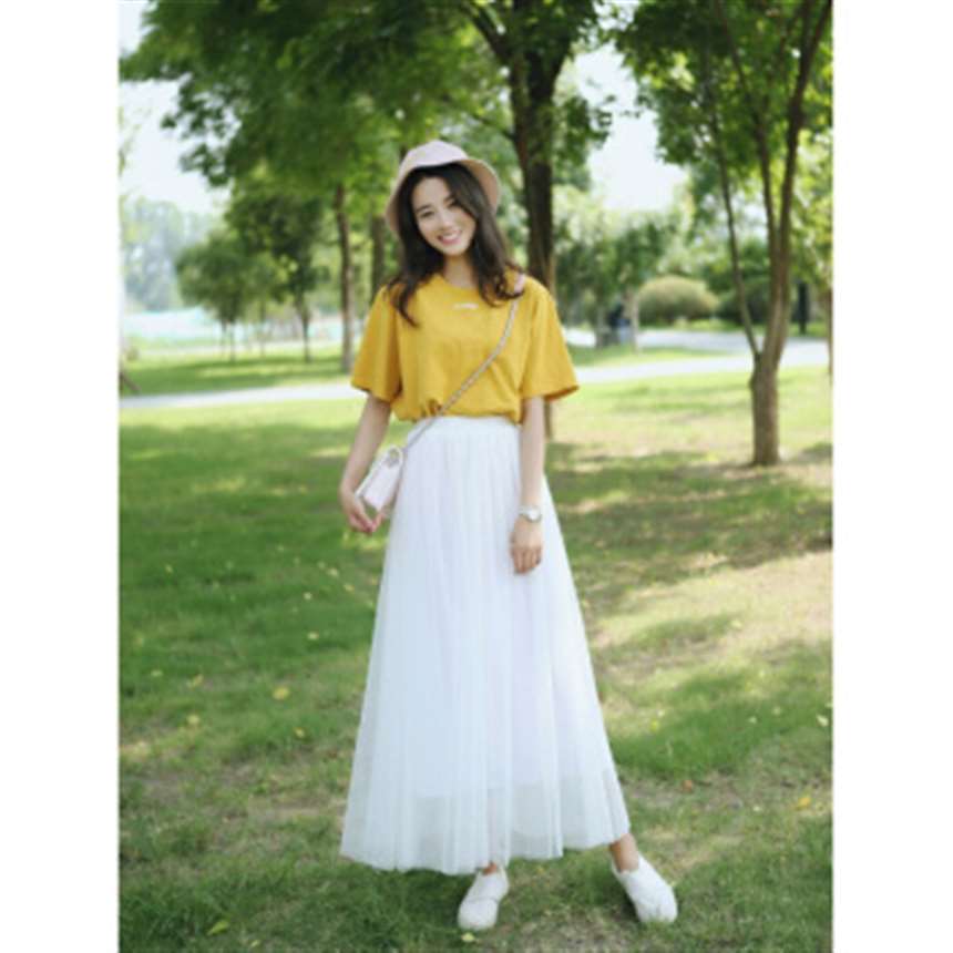 宥芷 网纱半身裙女韩版高腰a型裙中长款 纱裙学生清新