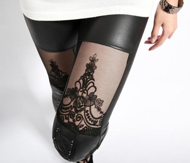 stitching leather  leggings tied openwork fashion lace pantyhose
