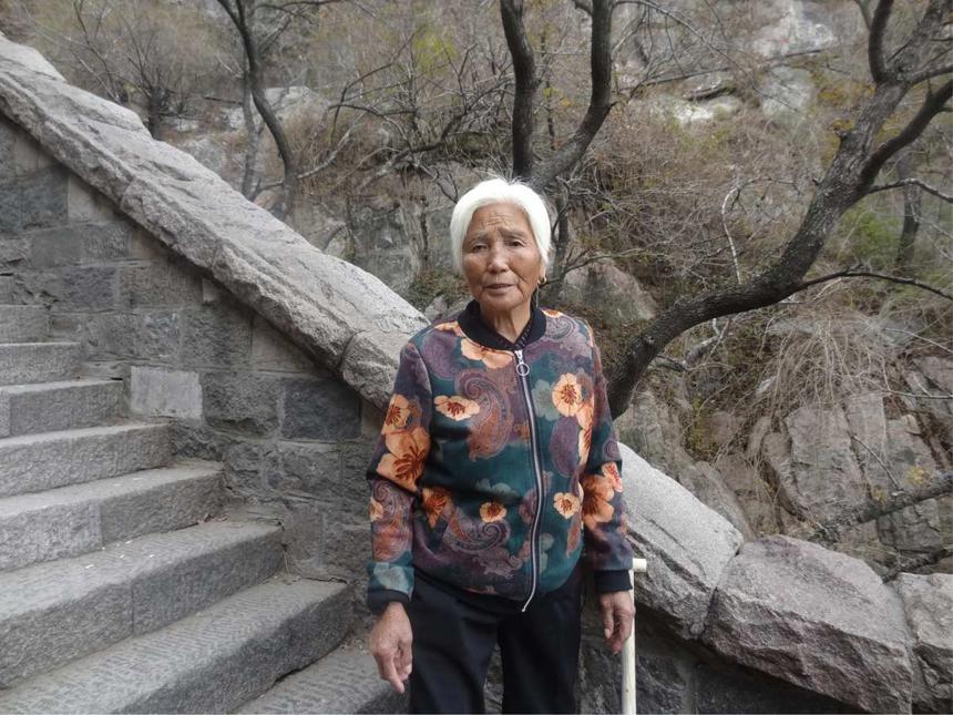 一位八十多岁的老奶奶,由儿子陪着爬泰山,我们上山时她下山