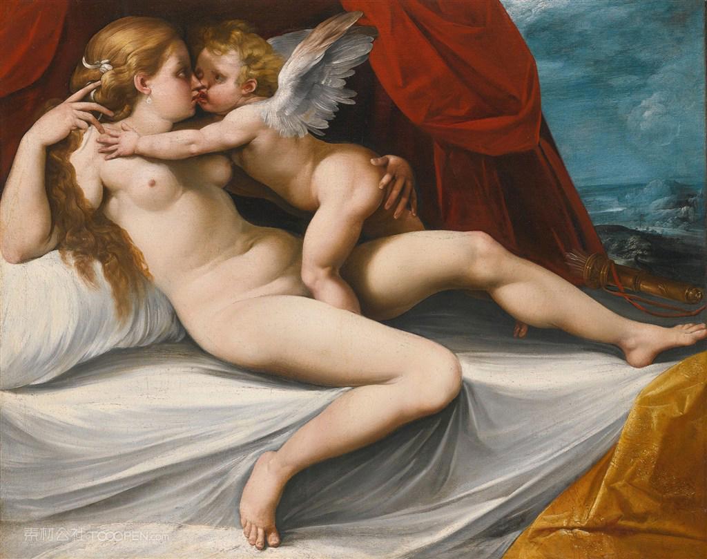 世界著名人体油画-小天使与裸体美女图片素材