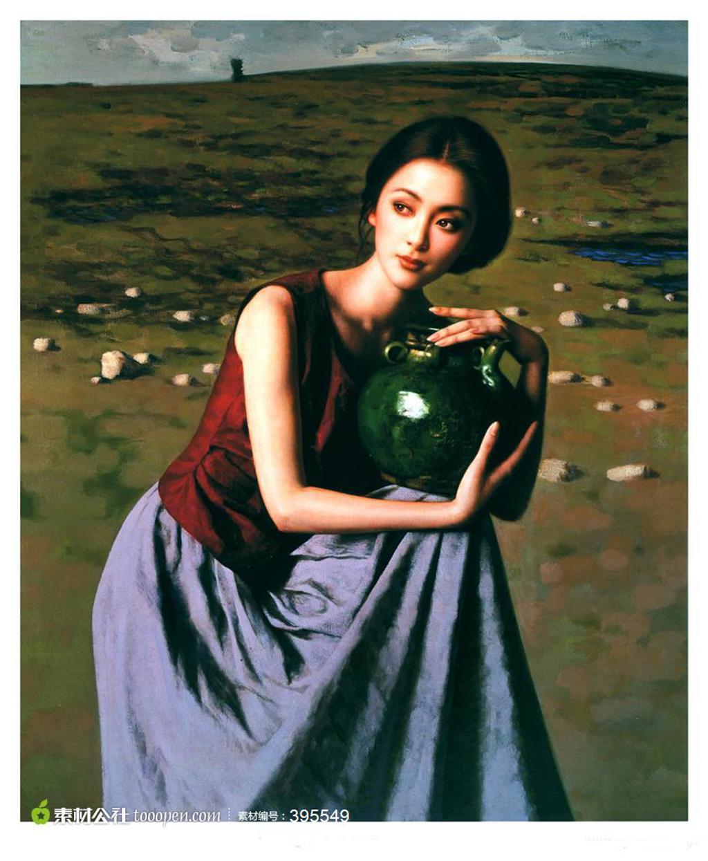 油画抱着陶罐的清纯少女