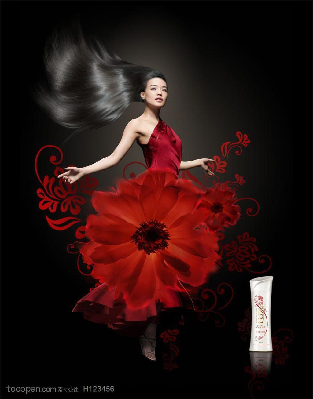 夏士莲舒淇代言红色连衣裙红色花朵