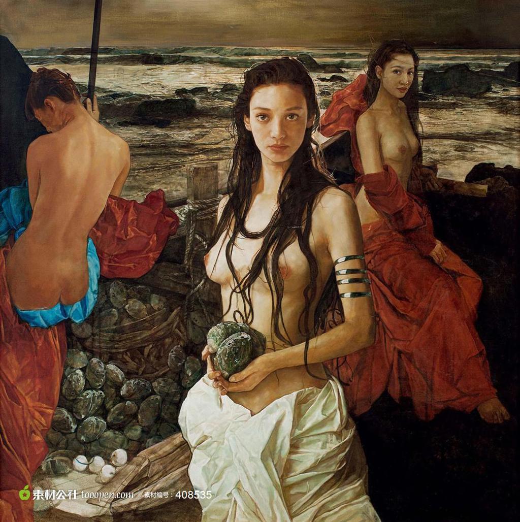 油画海边手拿鲍鱼的半裸渔家女孩