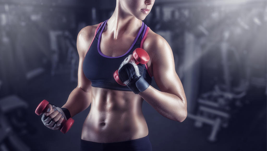 女性哑铃健身 肌肉腹肌 力量锻炼运动减肥瘦身